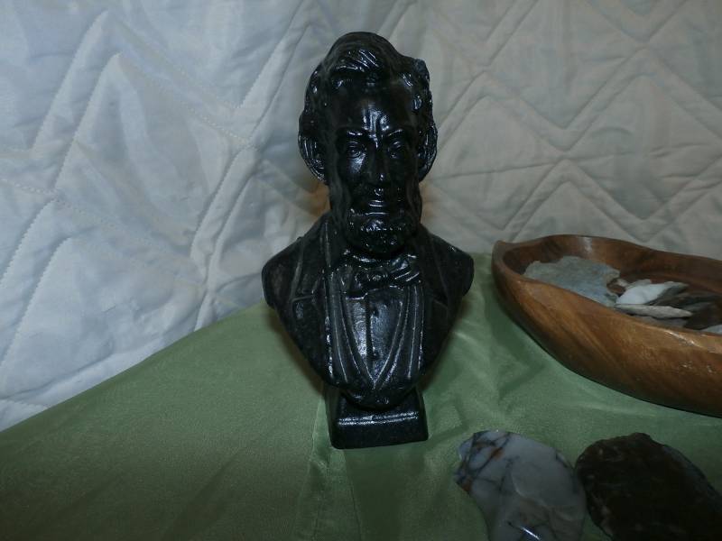 Abe lincoln carved from coal,indian artifacts fron Big Stone County Minn,sharks teeth