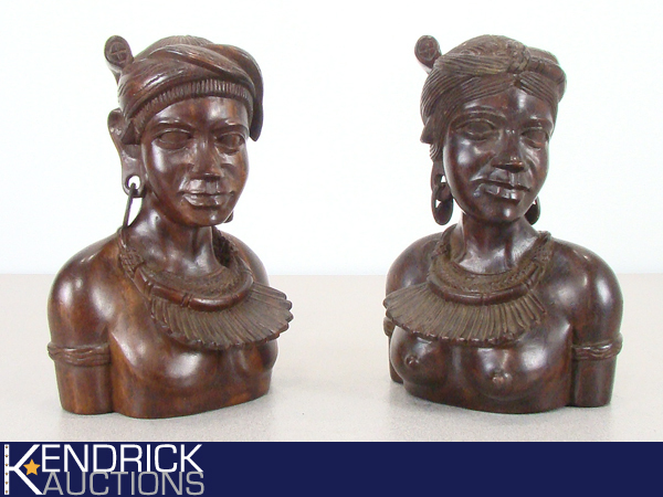 2 Hand Carved Solid Wood Cigar Store Indian Man, and Woman Busts