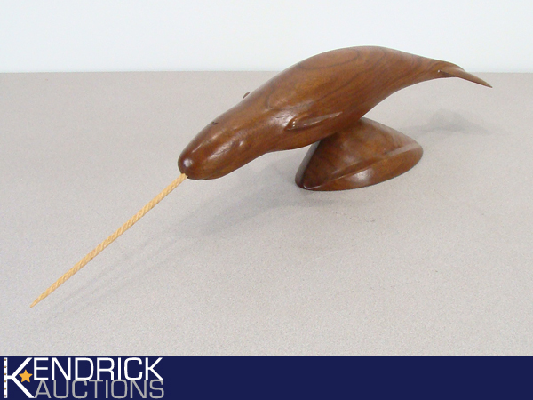 Large Hand Carved Walnut Wood Narwhal Whale Folk Art Sculpture