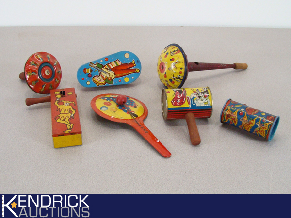 Lot of 7 Vintage Tin Litho Noise Makers