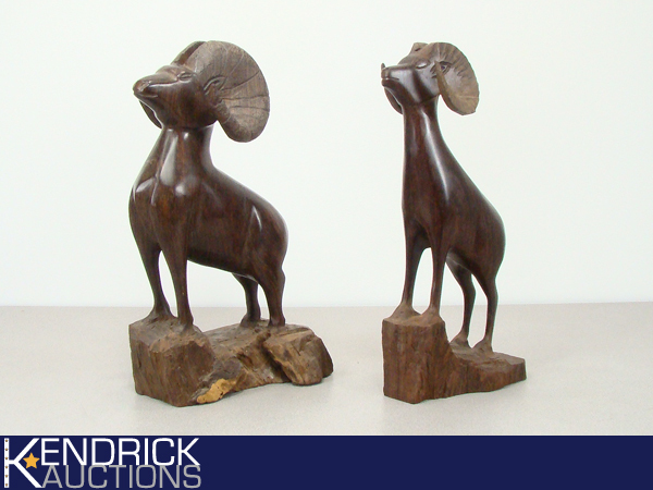 2 Large Hand Carved Wood Folk Art Ram Sculptures