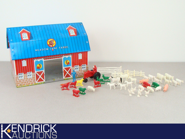 Vintage Ohio Art Tin Litho Meadow Lane Farms Toy Barn with Toy PeopleAnimals