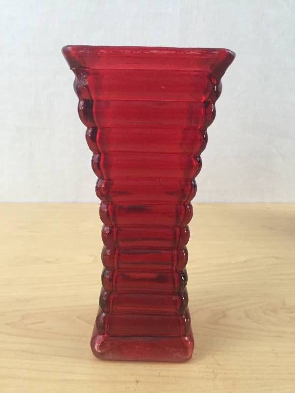 Vintage Red Glass Vase and Commemorative 6 Pack Coca Cola Coke Bottles