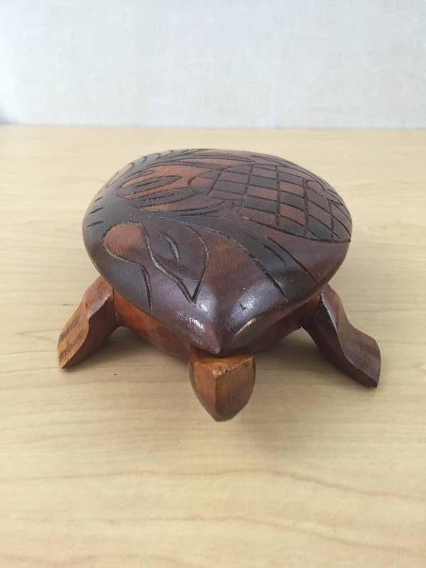 2  Vintage Exotic Wood Hand Carved Turtle Jewelry Trinket Box Vanity Desk catch all keys coins etc