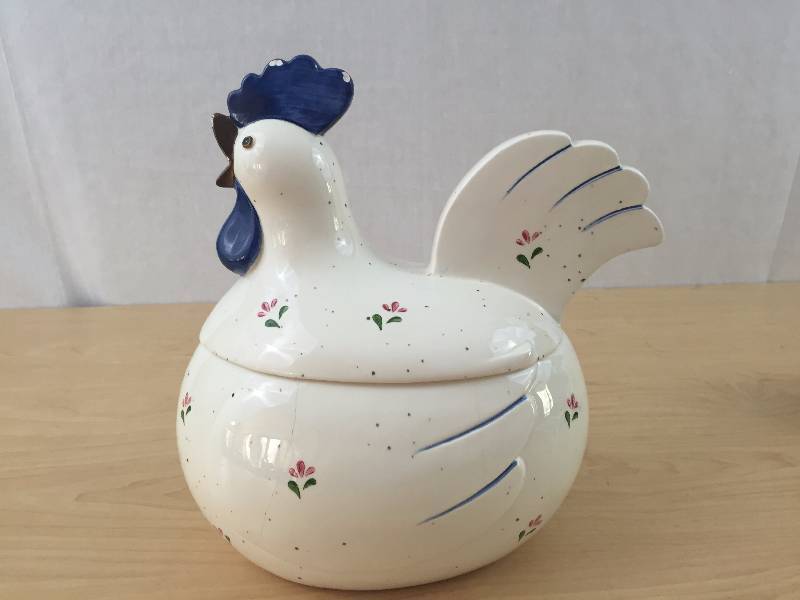 Vintage Old (Has wear & Cracks) Otigiri Japan Retro Rooster Cookie Jar and Italian Putti Cherub Goose Porcelain Dish or Planter Excellent Condition