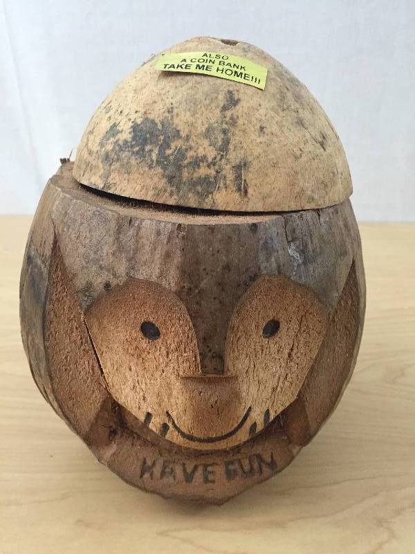Vintage Retro Have Fun Carved Coconut Tip The Monkey Bank Tiki Bar Beverage Holder Display Handmade in Philippines & Wooden Nutcracker