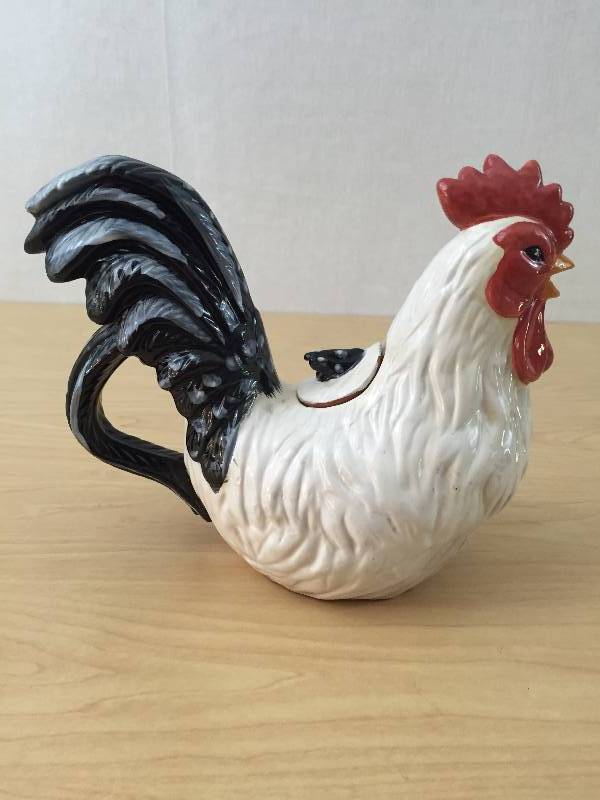 Lovely Vintage French Provincial Cottage Chic Kitchen Decorator Lot - Including Rare Enesco Large Rooster Teapot with Lid designed by Isabelle de Borchgrave & Cute Little Piggys Salt Pepper Set Plus More