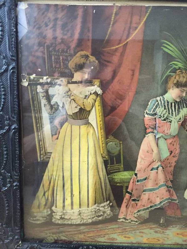 Old Antique French Victorian Scene in Black Carved Wood Ornate Picture Frame - Chips on Frame