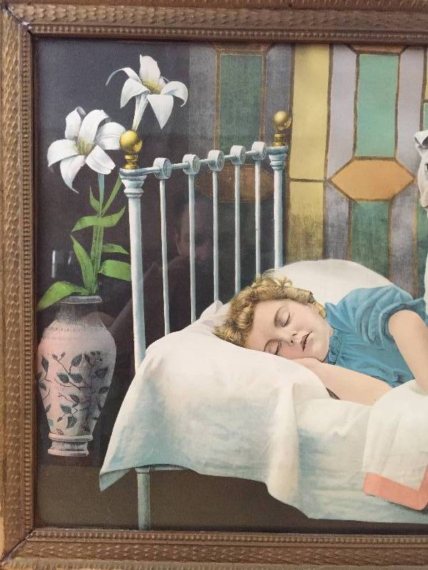 Impressive Old Antique Carved Wood Frame (Scuffs) with Sleeping Boy with Dog Print #12 23x27