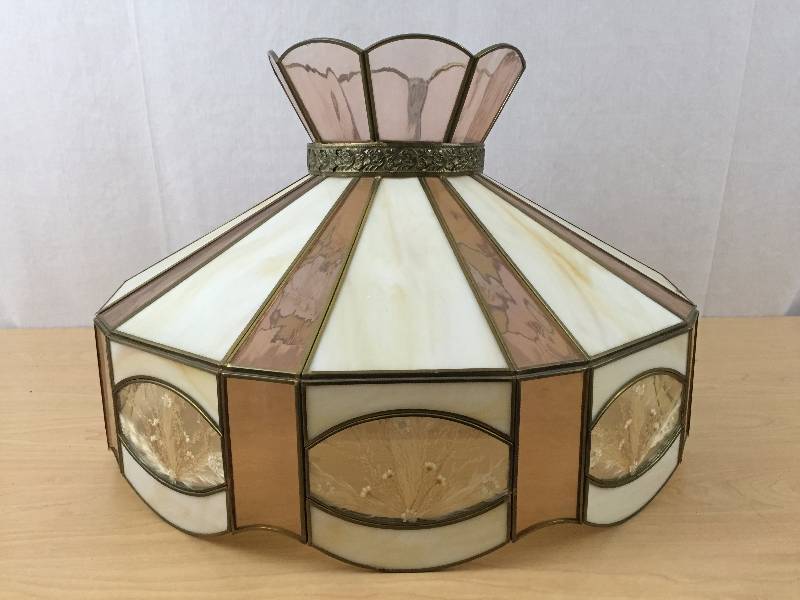 Gorgeous Vintage Large 18 Wide Tiffany Style Stained Slag Glass Lamp Shade With RARE Dried Flowers  Excellent - No Cracks Joints are Tight