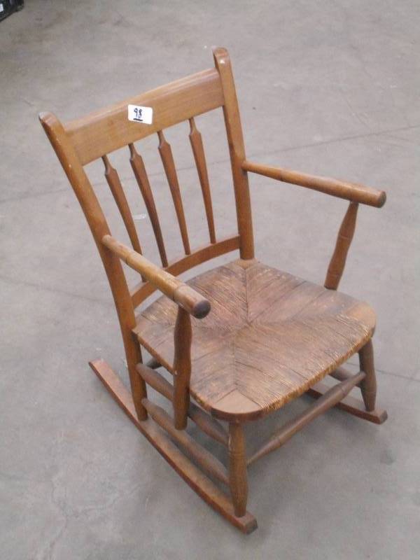 lot 98 image: Vintage Wicker-Seat Wood Rocker (Sm...
