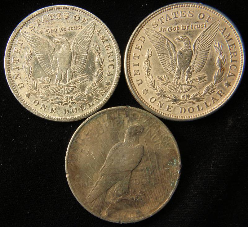 GROUP OF 3 - SILVER DOLLARS 1881-O & 1921 MORGAN, 1922 PEACE