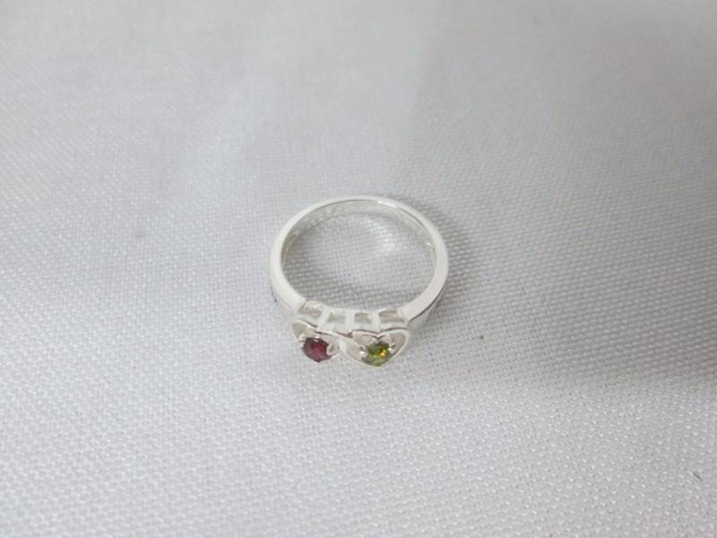 Silver Couples Double Heart Birthstone Name Ring