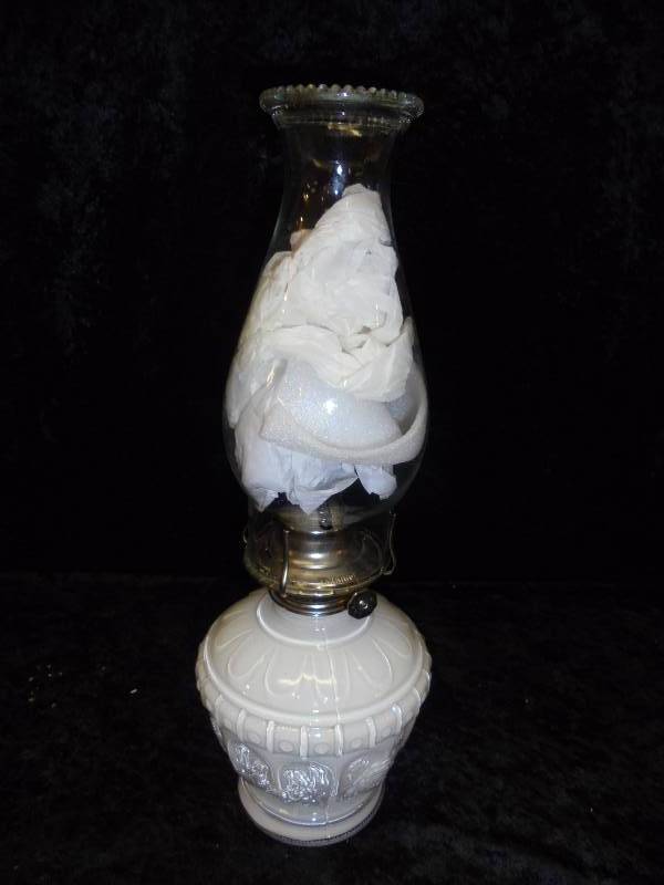 Hurricane Lamp, White Glass with Roses