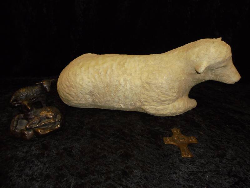 Large Resin Sheep & Bronze Cross &  Sheep
