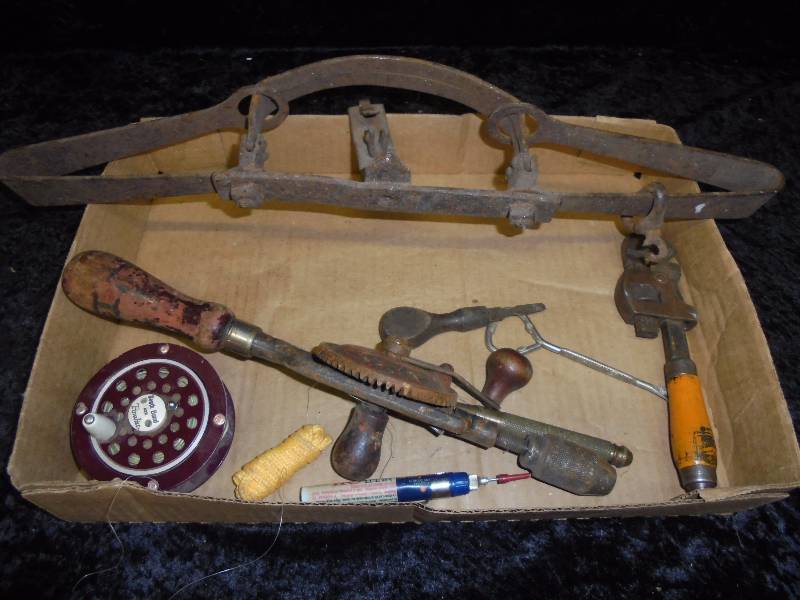 Lot - Trap, pipe wrench, brace, fly reel, misc