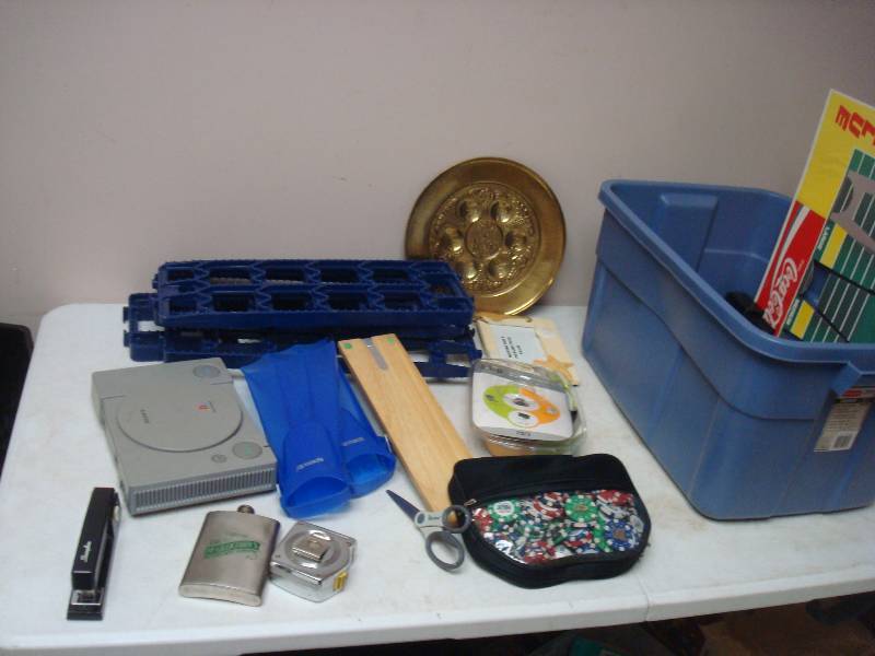 lot 119 image: Bin With Some Mixed Items, Flask, Poker Chips