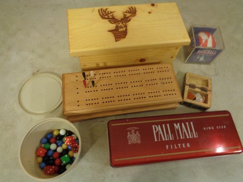 lot 175 image: Wood Deer Box, Baseball, Cribbage Board Box, and More