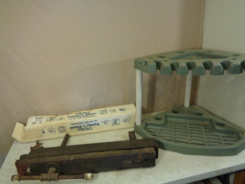 lot 199 image: Lawn Tool Rack, Panters Plastic, and Antique Vise