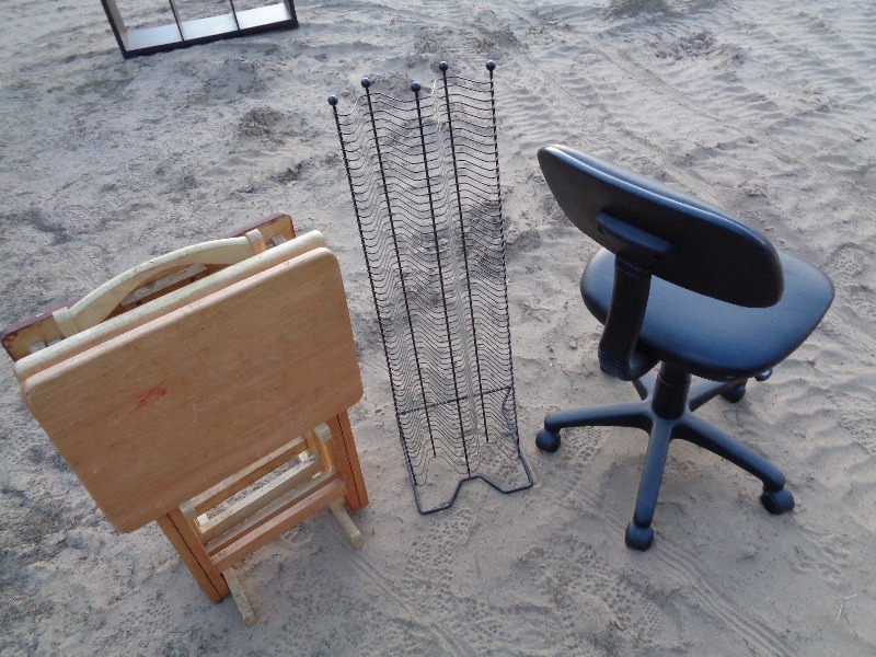 lot 14 image: Chair, TV Trays, CD Tower. Metal CD storage