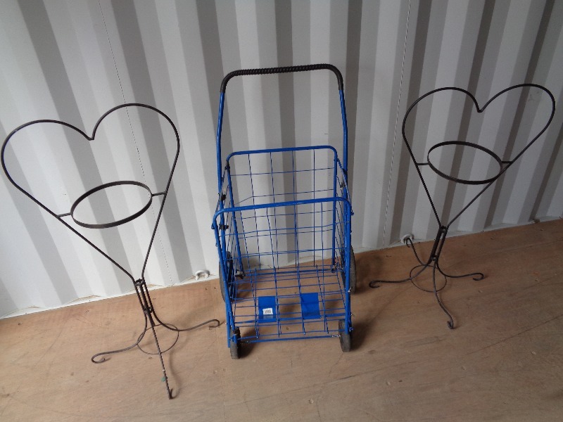 lot 24 image: Folding Cart and 2 Metal Plant Stands