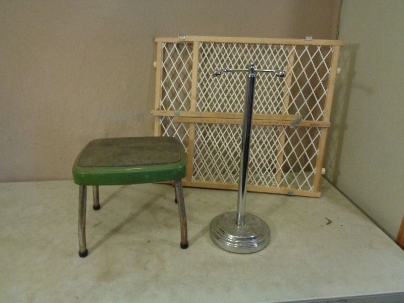 lot 213 image: Old Stool, Toilet Paper Holder, and Pet  Baby Gate