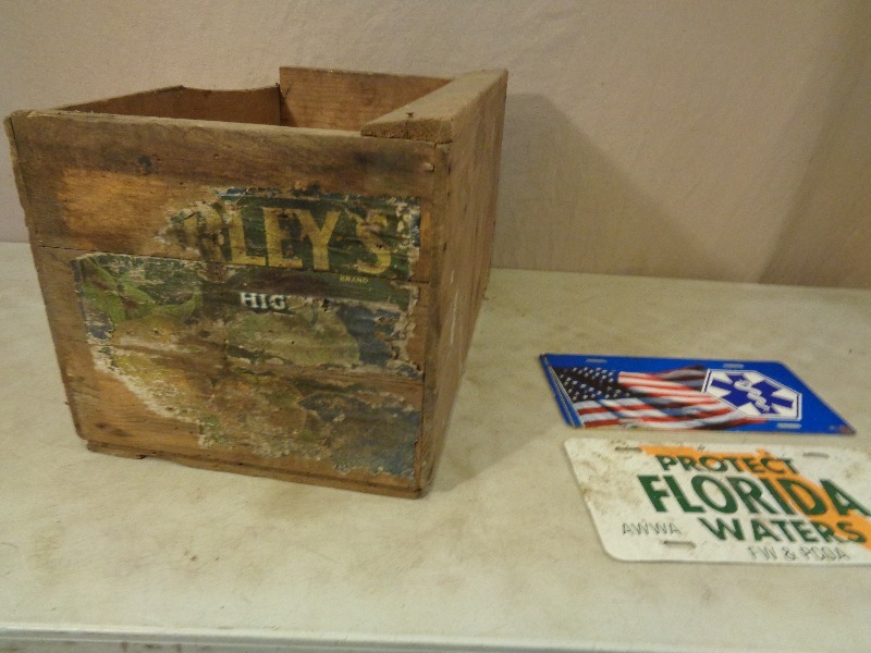 lot 217 image: Old Wood Box and License Plates