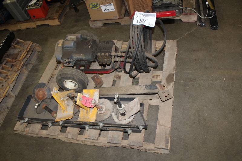 lot 188 image: Pallet Lot Including Electric Pressure Washer 4-Pickup Sized Snow Blade Skid Shoes 2-Large Snow Blade Skid Shoes 3-Misc Metal Pieces