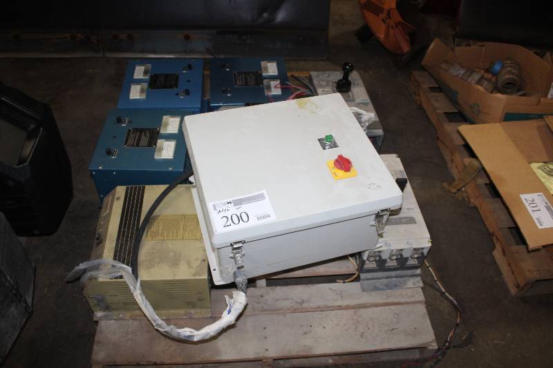 lot 200 image: Pallet Lot of Electronics Enclosures and Control Units Including Master Control Systems Automatic Battery Charger, Model MBC 6-24V-10A-L3C, SN 63806, 117V, 60Hz, 6A, 1 Ph Used Lot includes Full Pallet of Items