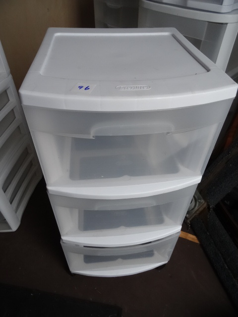 lot 96 image: 3 Drawer Sterilite Bin on Wheels