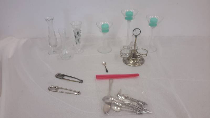 lot 43 image: 5 baby pins, candleholders, silverware, silverplate