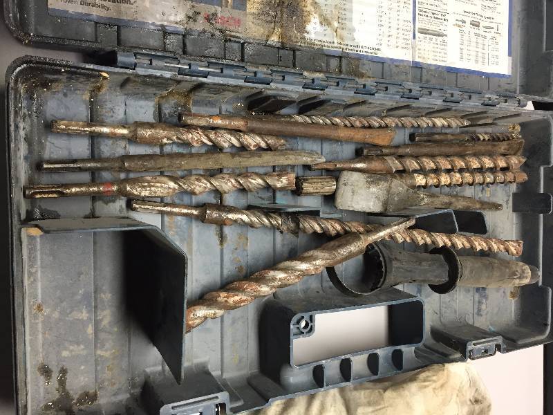TRUCK TIRE CHAINS 1 PR,  BOSCH HAMMER DRILL CASE AND ASSORTED BITS