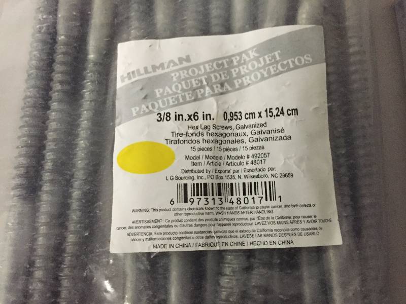 HILLMAN 38 X 6 HEX LAG SCREWS 5 BAGS OF 15