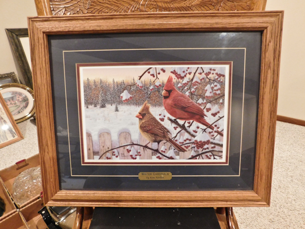 lot 57 image: framed print Winter Cardinals by Kim Norlien