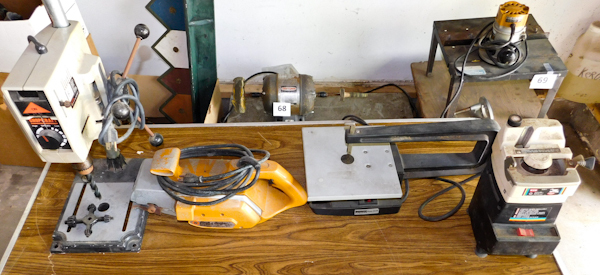 lot 70 image: tabletop drill press, sander, tabletop bandsaw and Tool Drill Bit Honer
