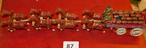 lot 87 image: vintage cast iron horse drawn beer barrel wagon