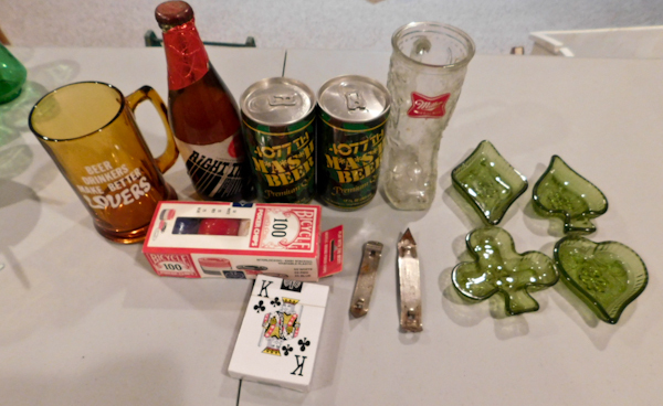 lot 108 image: Hamms, MASH, Miller, poker cards and chips