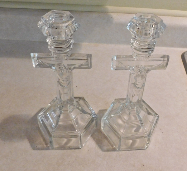 lot 126 image: glass crucifix candle holders