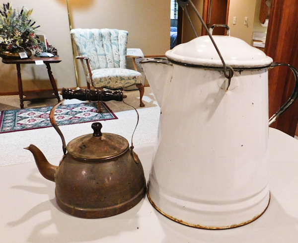 lot 184 image: large white enamel coffee pot and brass teapot