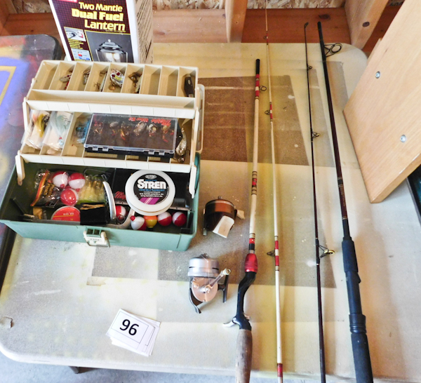 lot 96 image: fishing camping equipment, lantern, two poles, tackle box and two reels