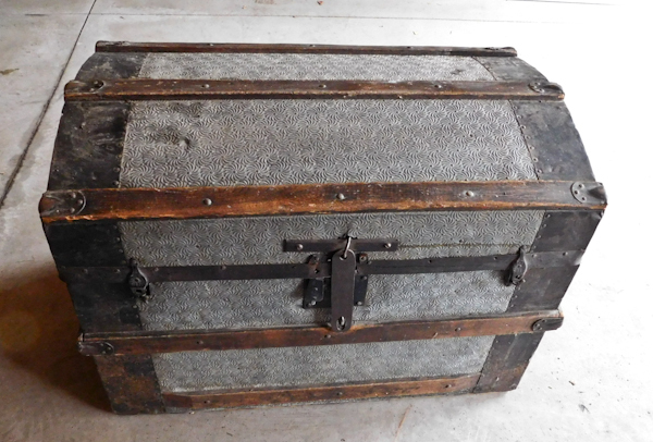 lot 98 image: vintage travel trunk with tin wood and steel components