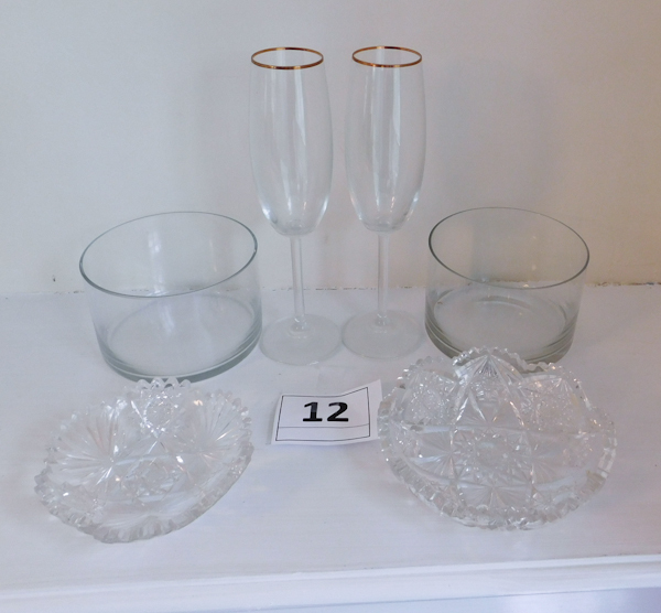 lot 12 image: Bride & Groom Flutes, 2 candle bowls and 2 candy dishes