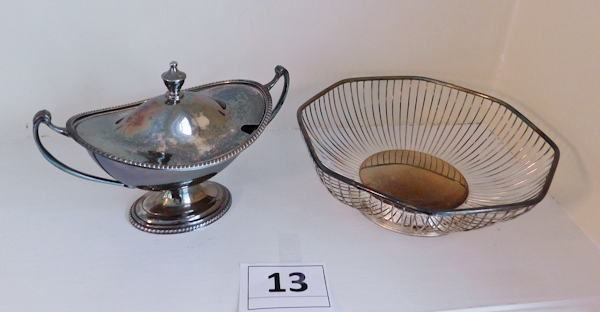 lot 13 image: Silverplate Aladdin style covered dish and a wire serving basket