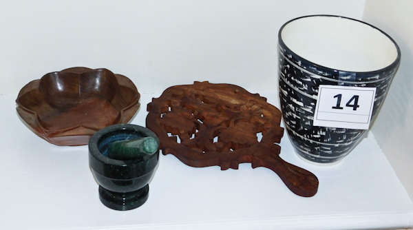 lot 14 image: wooden trivet hand carved in Italy, burl bowl unsigned, green marble mortar and pestle