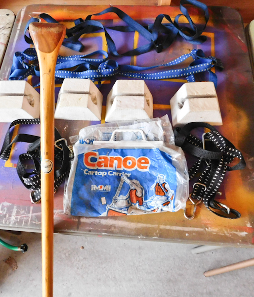 lot 92 image: vintage canoe paddle and canoe cartop carrier