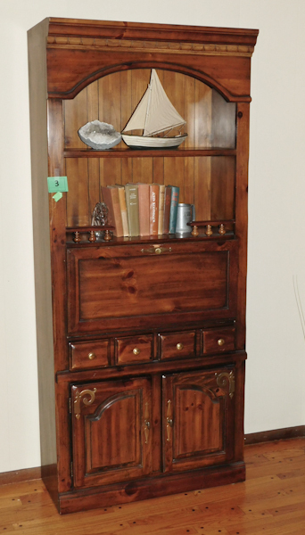 lot 3 image: Wooden bookshelf with fold down writing desk