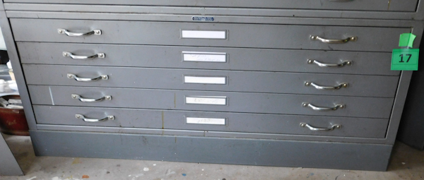 lot 17 image: Large Metal flat file drawer cabinet unit with legs.