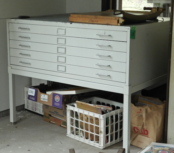 lot 18 image: Large metal flat file drawer cabinet with legs
