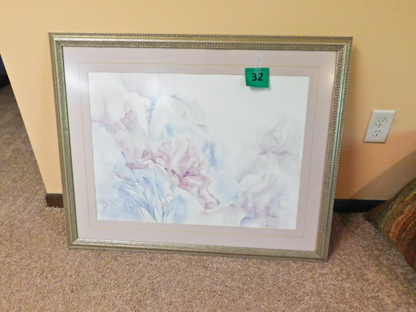lot 32 image: nicely framed floral watercolor print 28 x 35