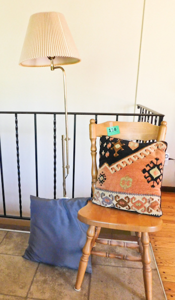 lot 114 image: chair pillows and brass floor lamp